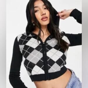 Hollister Womens Cropped Hooded Sweater SZ S Black White Argyle Preppy Y2K